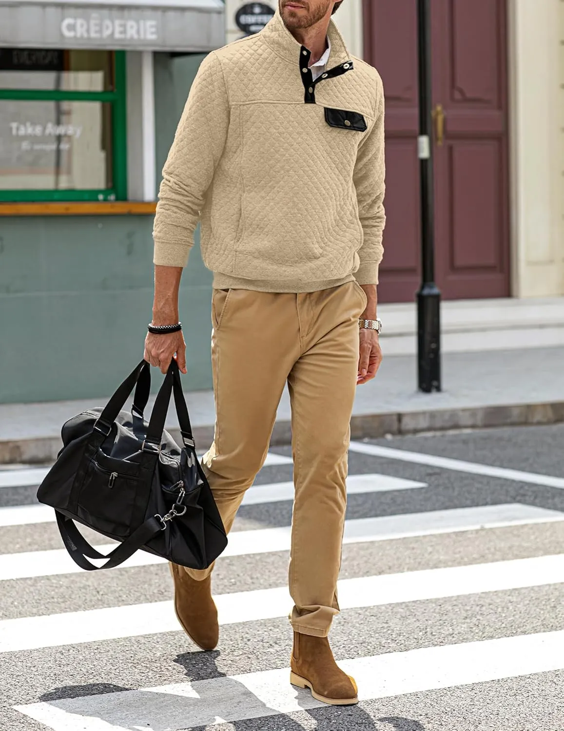 JMIERR Men's Quilted Sweatshirt Casual Long Sleeve Outdoor Stand Collar Button Pullover Sweatshirts