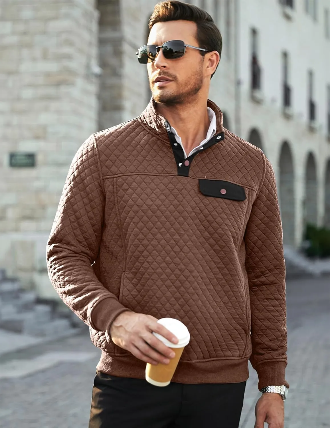 JMIERR Men's Quilted Sweatshirt Casual Long Sleeve Outdoor Stand Collar Button Pullover Sweatshirts
