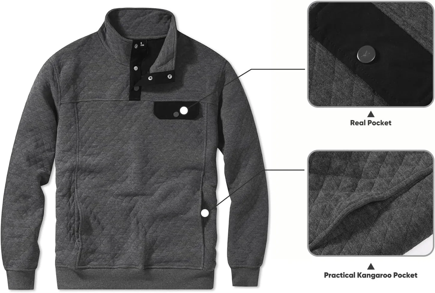 JMIERR Men's Quilted Sweatshirt Casual Long Sleeve Outdoor Stand Collar Button Pullover Sweatshirts