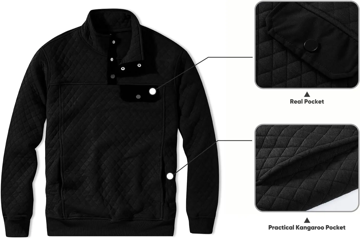 JMIERR Men's Quilted Sweatshirt Casual Long Sleeve Outdoor Stand Collar Button Pullover Sweatshirts