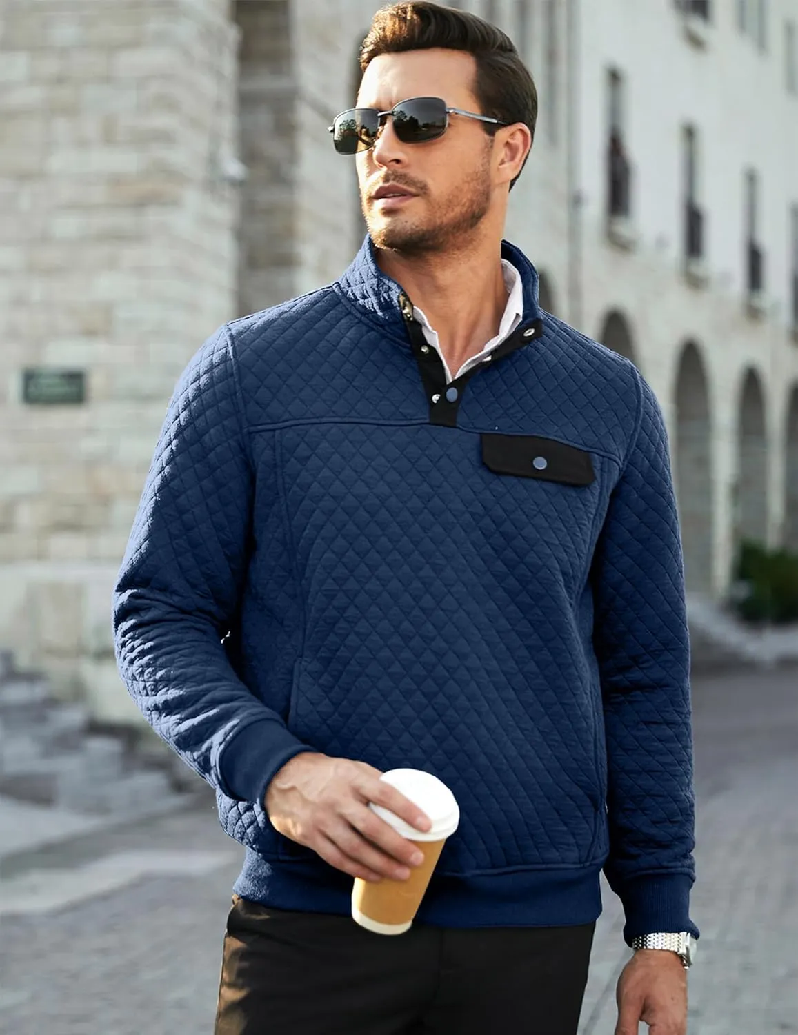 JMIERR Men's Quilted Sweatshirt Casual Long Sleeve Outdoor Stand Collar Button Pullover Sweatshirts