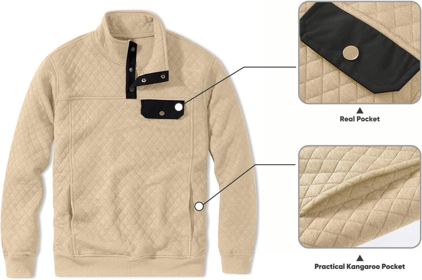 JMIERR Men's Quilted Sweatshirt Casual Long Sleeve Outdoor Stand Collar Button Pullover Sweatshirts