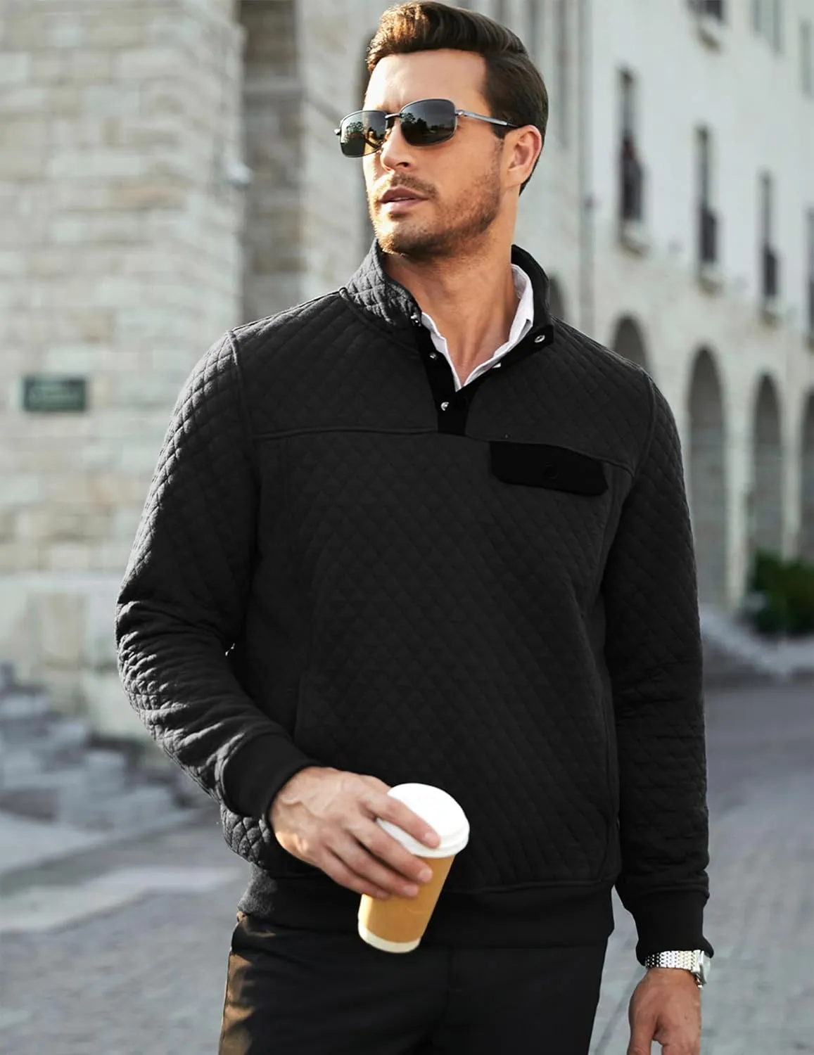 JMIERR Men's Quilted Sweatshirt Casual Long Sleeve Outdoor Stand Collar Button Pullover Sweatshirts