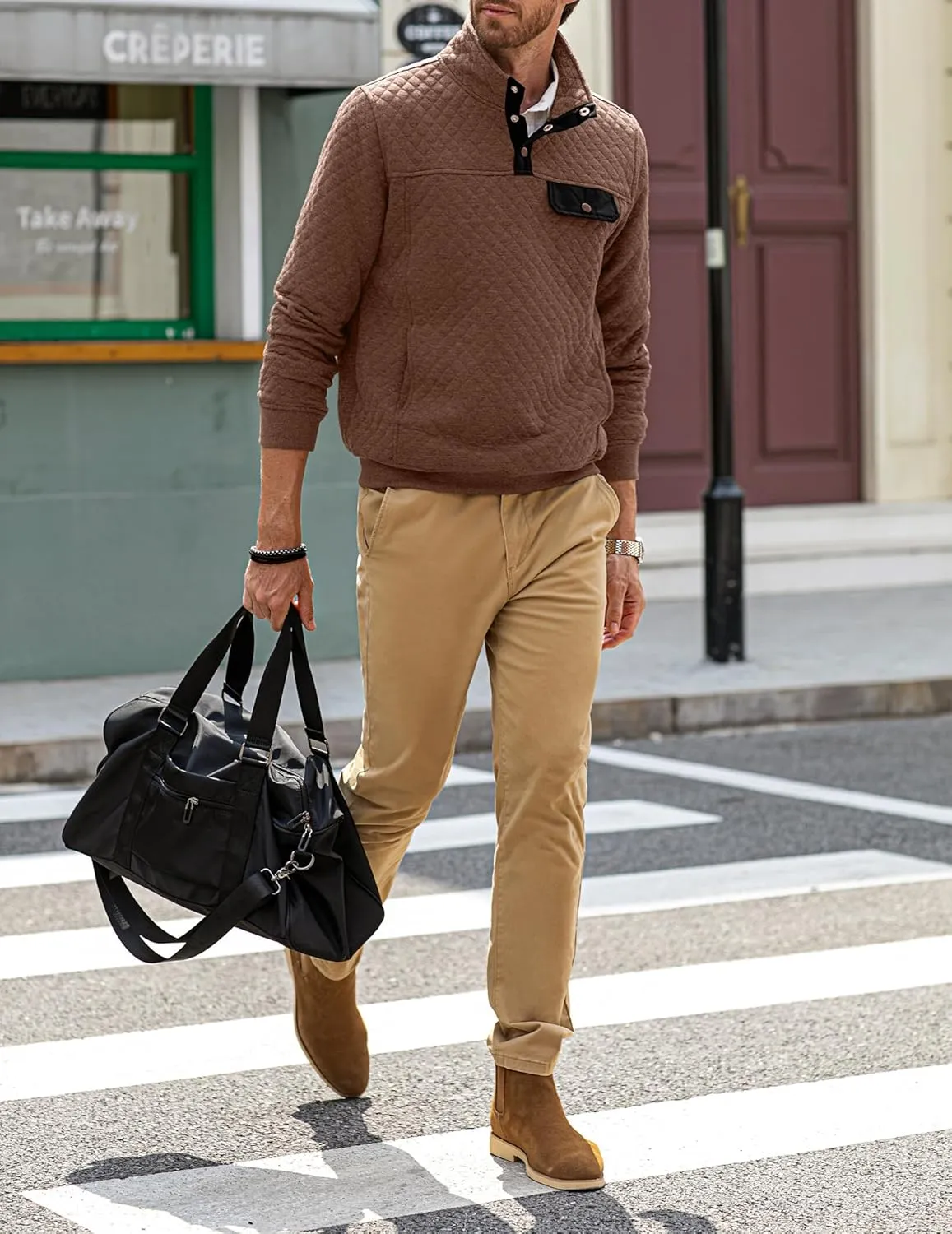 JMIERR Men's Quilted Sweatshirt Casual Long Sleeve Outdoor Stand Collar Button Pullover Sweatshirts