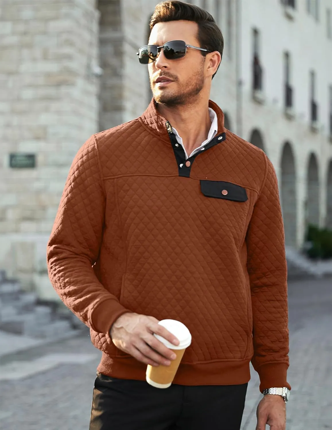JMIERR Men's Quilted Sweatshirt Casual Long Sleeve Outdoor Stand Collar Button Pullover Sweatshirts