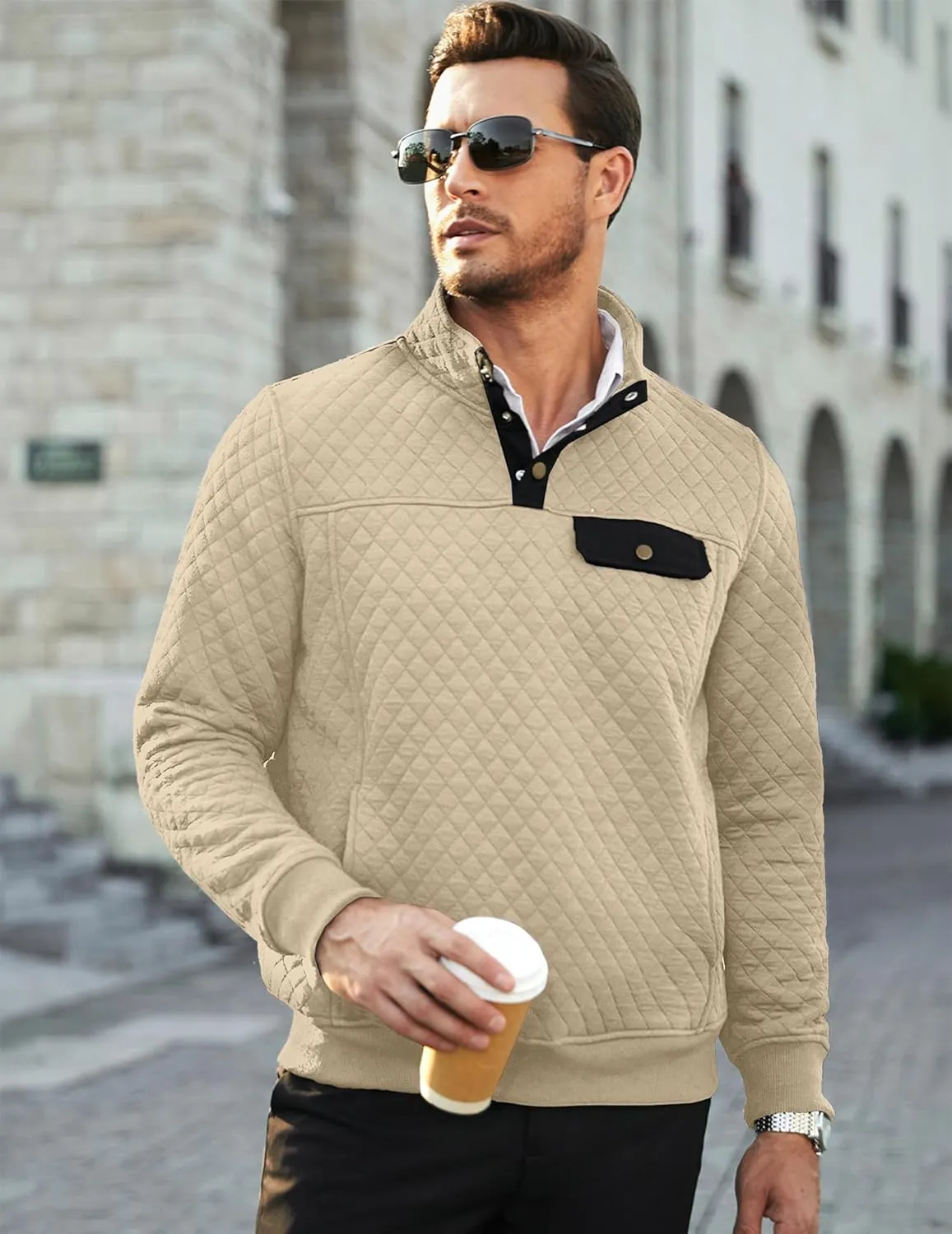 JMIERR Men's Quilted Sweatshirt Casual Long Sleeve Outdoor Stand Collar Button Pullover Sweatshirts