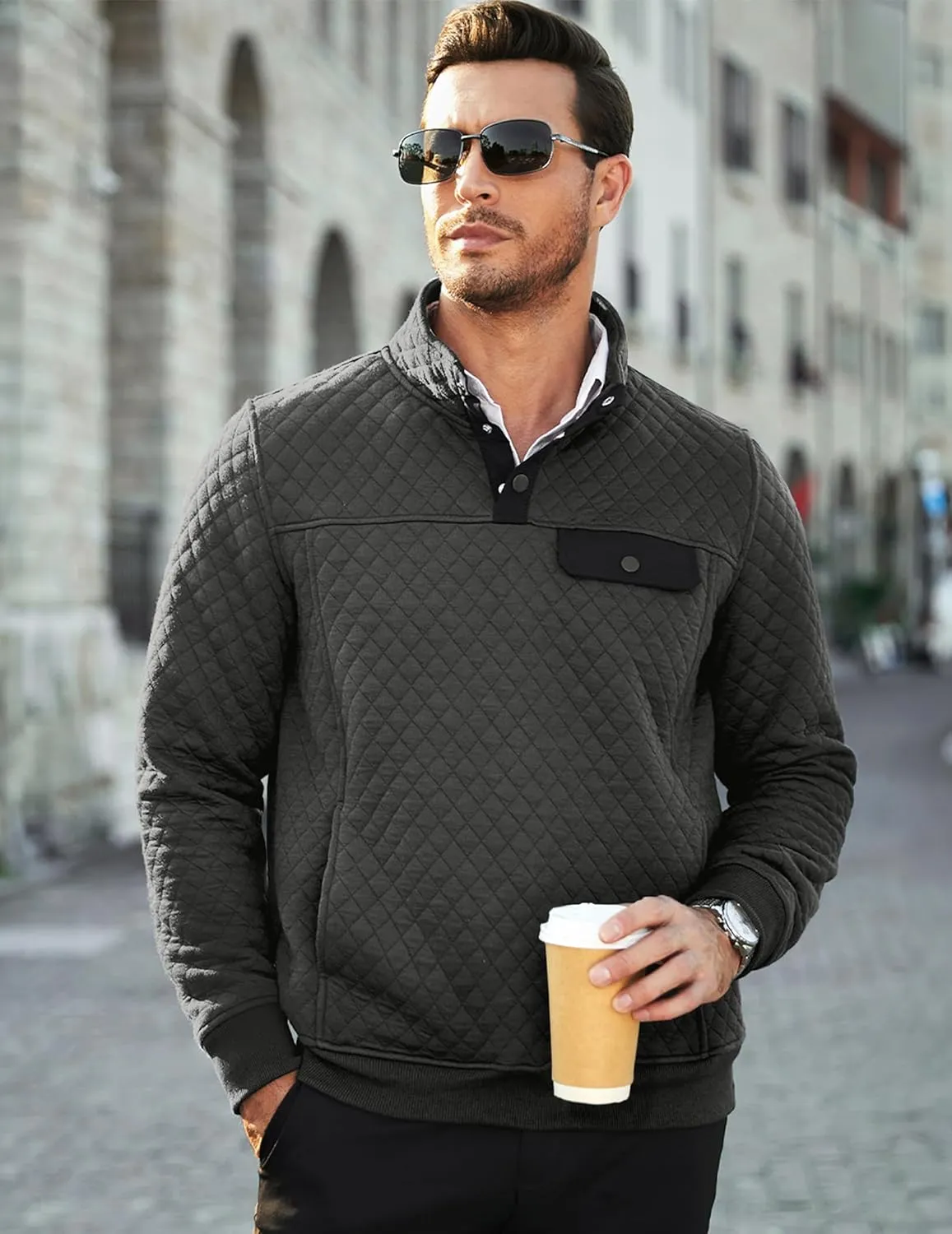 JMIERR Men's Quilted Sweatshirt Casual Long Sleeve Outdoor Stand Collar Button Pullover Sweatshirts