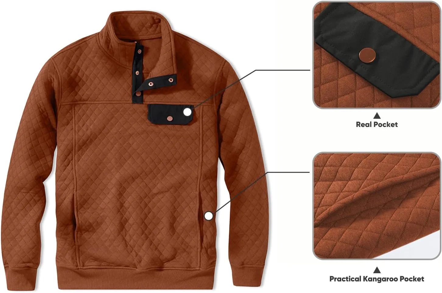 JMIERR Men's Quilted Sweatshirt Casual Long Sleeve Outdoor Stand Collar Button Pullover Sweatshirts