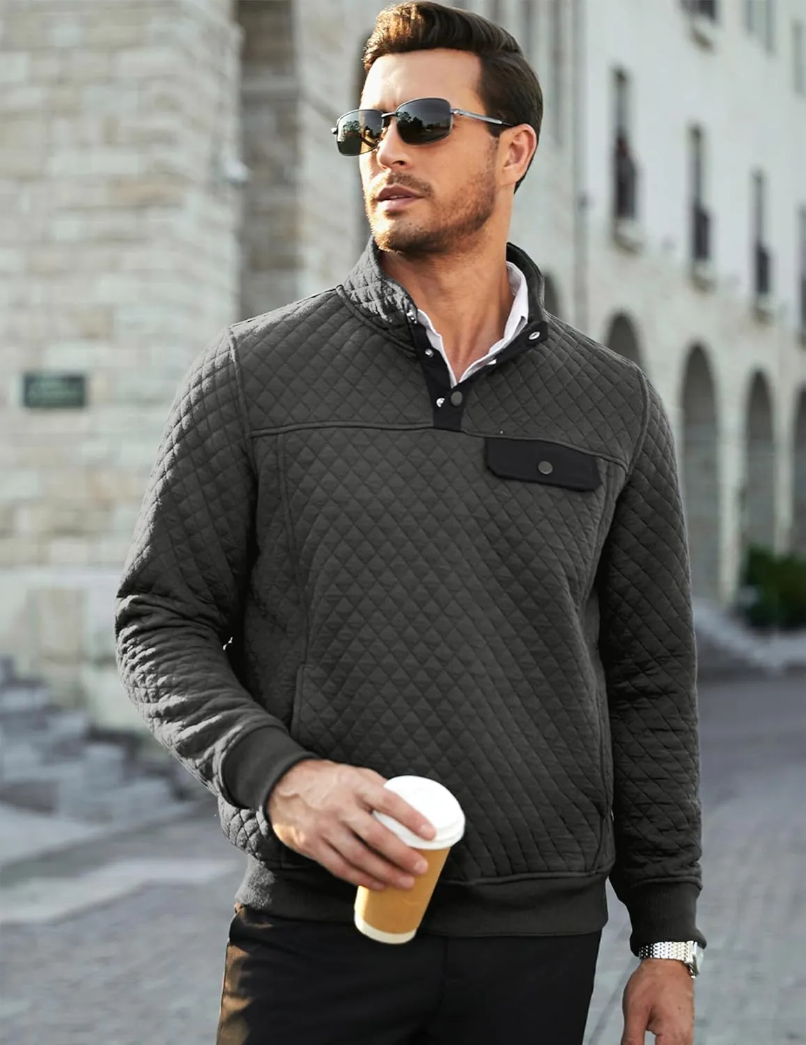 JMIERR Men's Quilted Sweatshirt Casual Long Sleeve Outdoor Stand Collar Button Pullover Sweatshirts