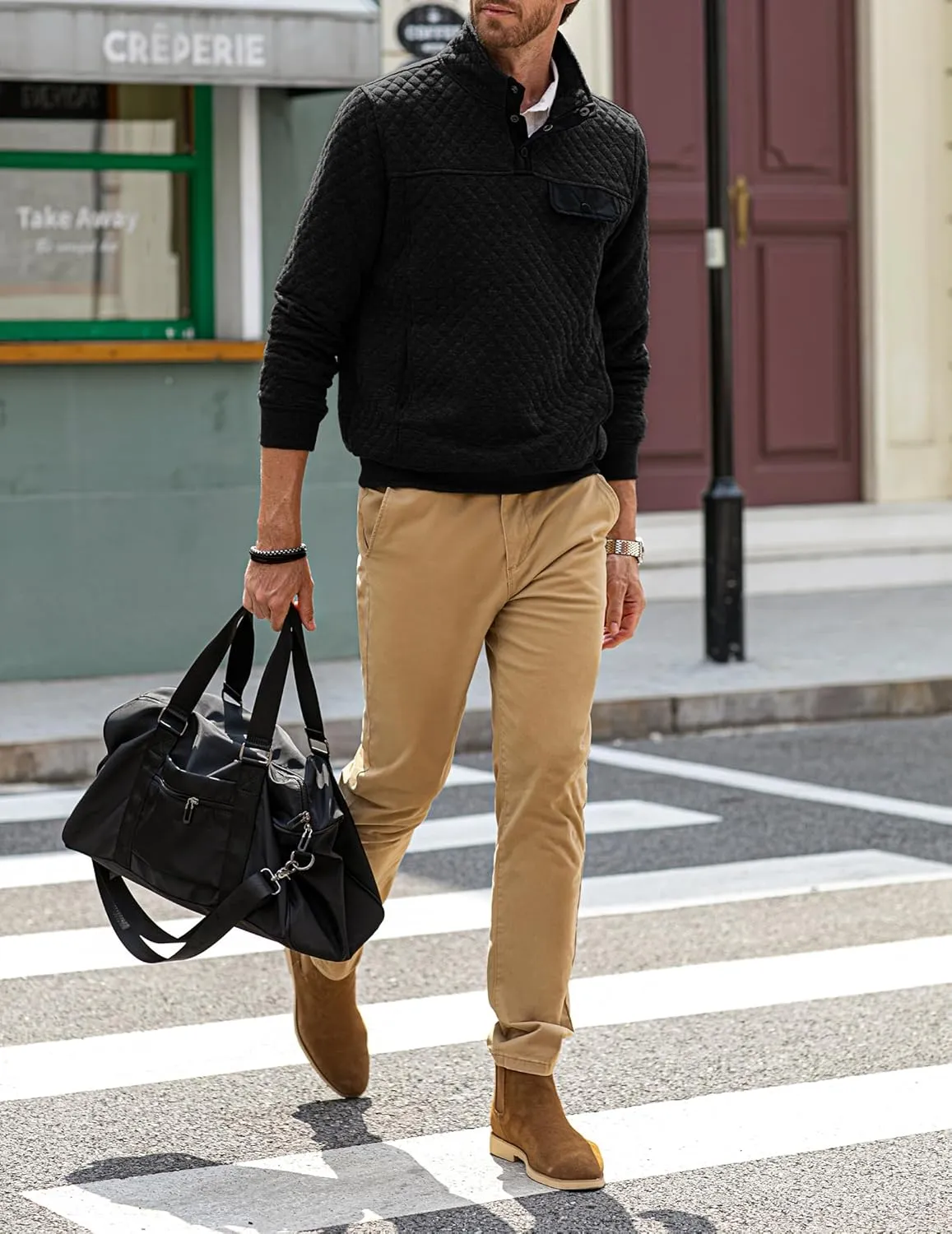 JMIERR Men's Quilted Sweatshirt Casual Long Sleeve Outdoor Stand Collar Button Pullover Sweatshirts