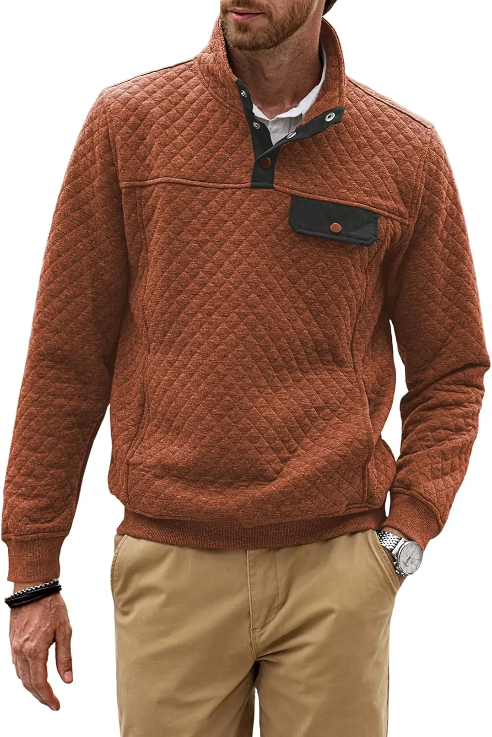 JMIERR Men's Quilted Sweatshirt Casual Long Sleeve Outdoor Stand Collar Button Pullover Sweatshirts