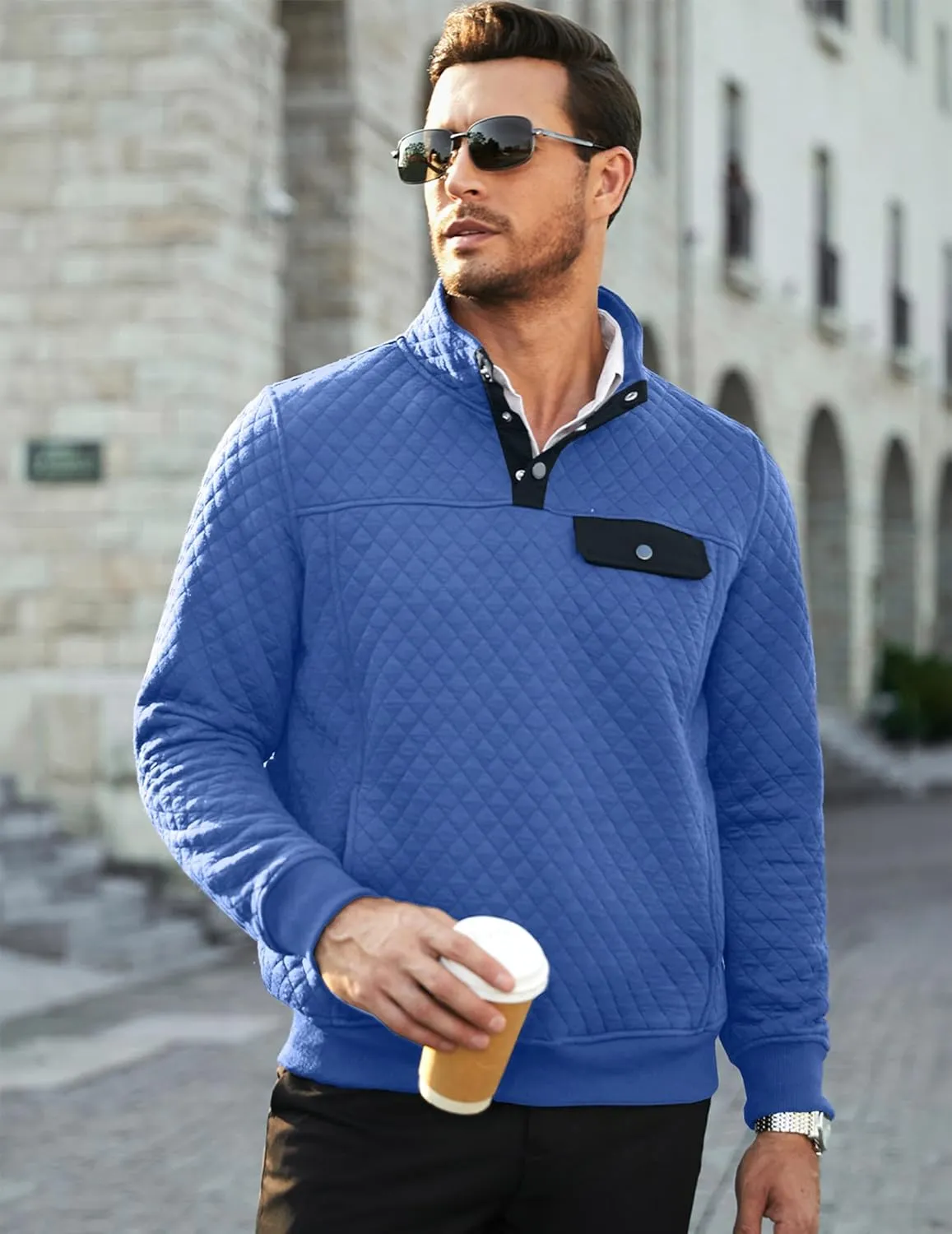 JMIERR Men's Quilted Sweatshirt Casual Long Sleeve Outdoor Stand Collar Button Pullover Sweatshirts