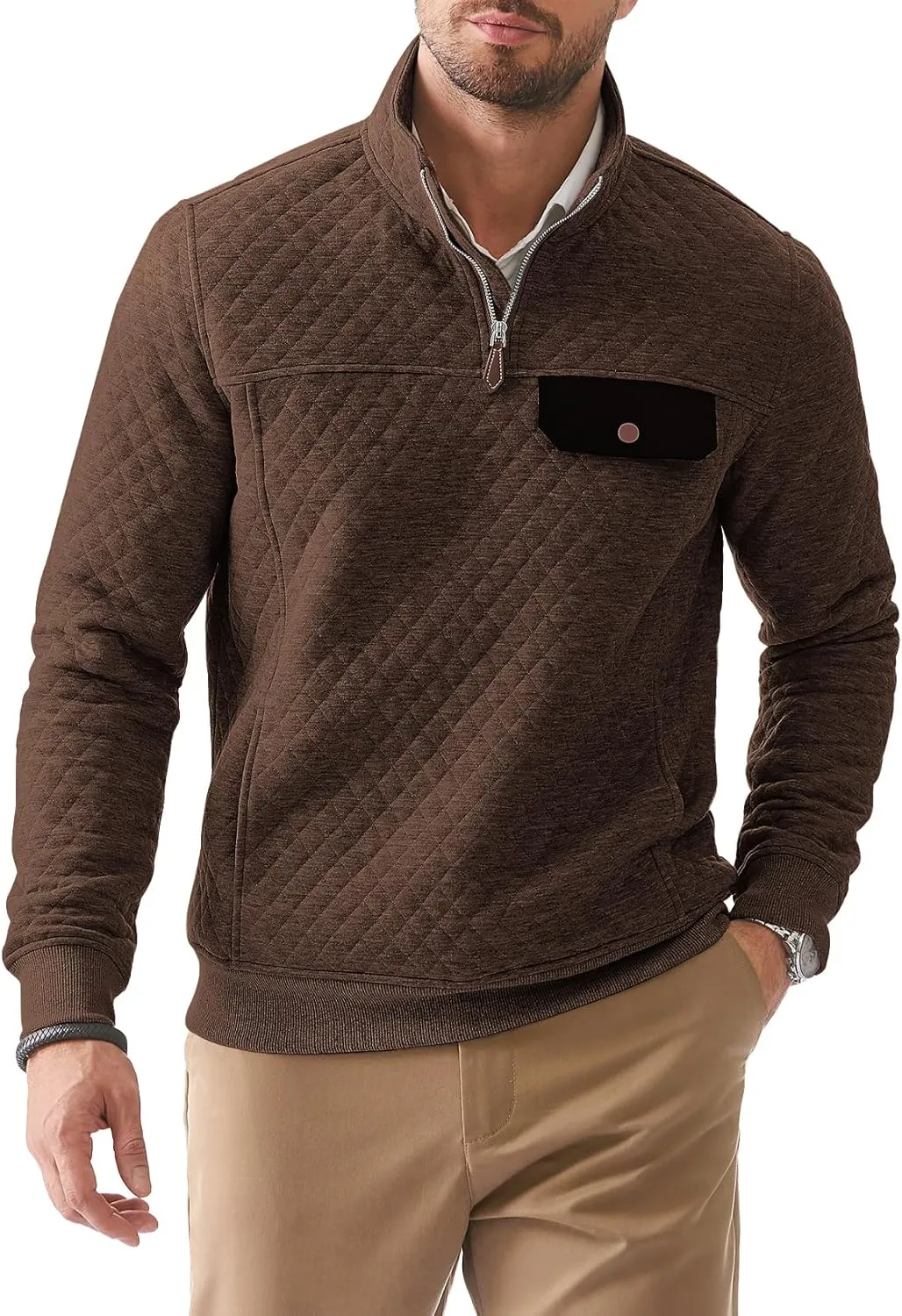 JMIERR Men's Quilted Sweatshirt Casual Long Sleeve Outdoor Stand Collar Quarter-Zip Pullover Sweatshirts