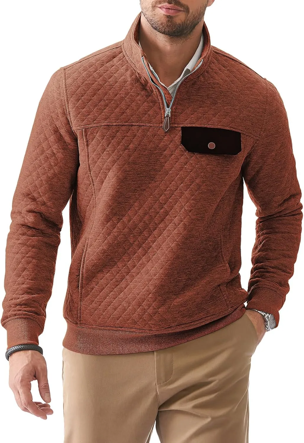JMIERR Men's Quilted Sweatshirt Casual Long Sleeve Outdoor Stand Collar Quarter-Zip Pullover Sweatshirts