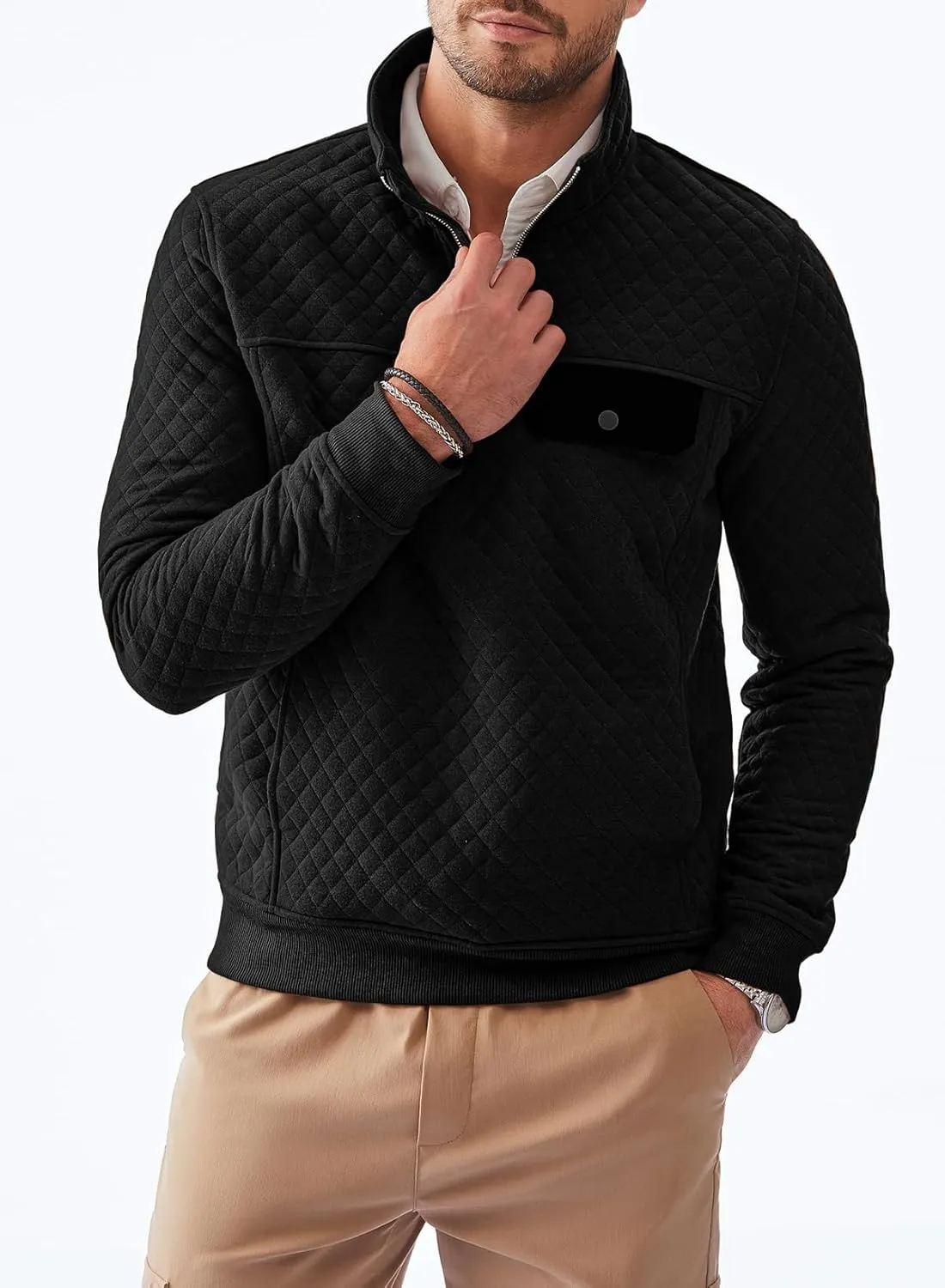 JMIERR Men's Quilted Sweatshirt Casual Long Sleeve Outdoor Stand Collar Quarter-Zip Pullover Sweatshirts