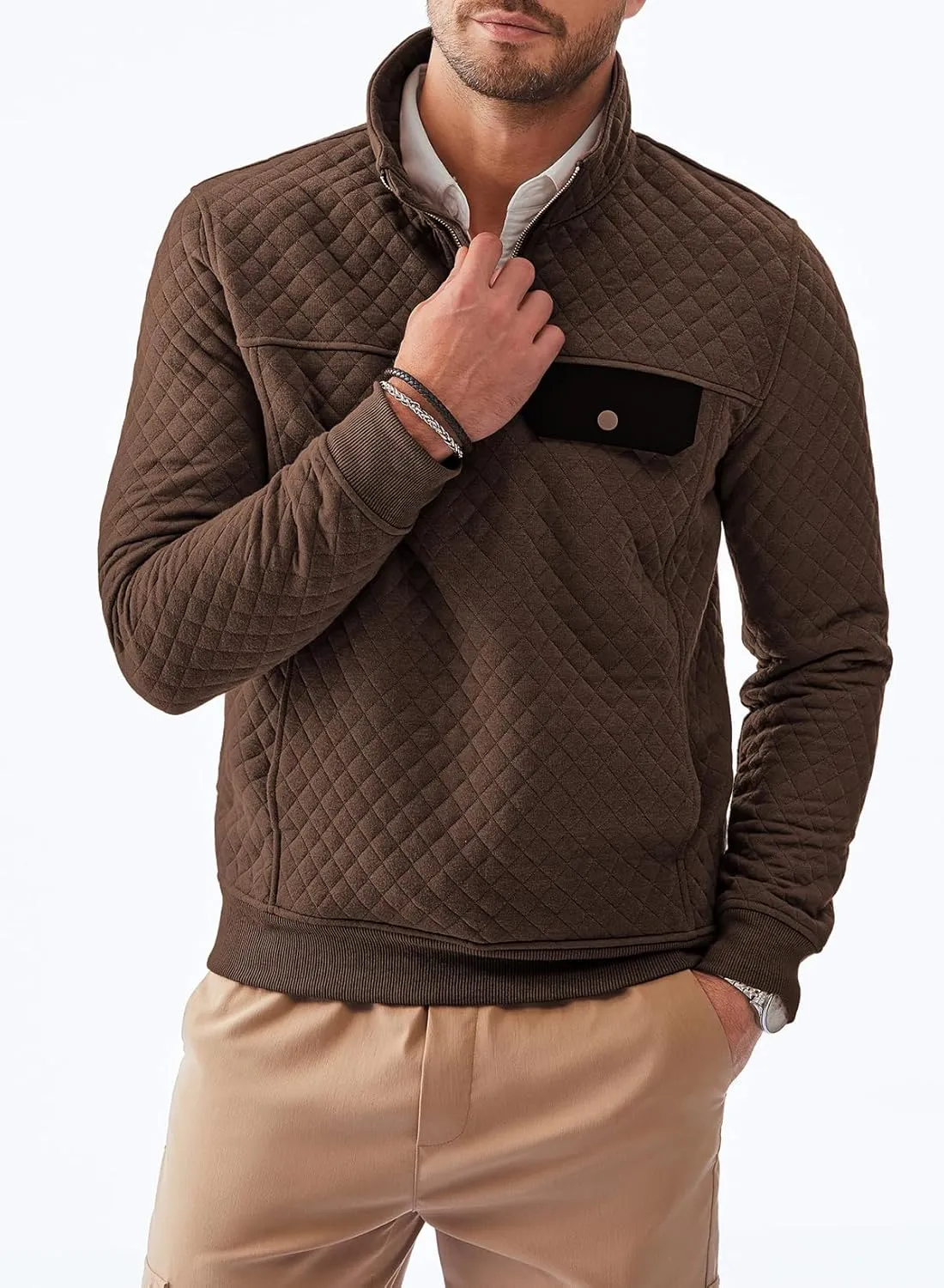 JMIERR Men's Quilted Sweatshirt Casual Long Sleeve Outdoor Stand Collar Quarter-Zip Pullover Sweatshirts