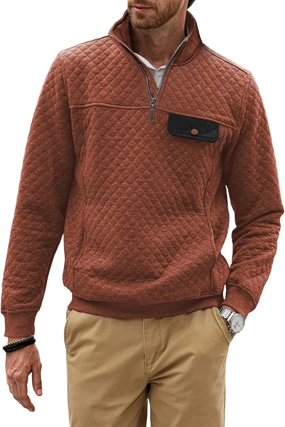 JMIERR Men's Quilted Sweatshirt Casual Long Sleeve Outdoor Stand Collar Quarter-Zip Pullover Sweatshirts
