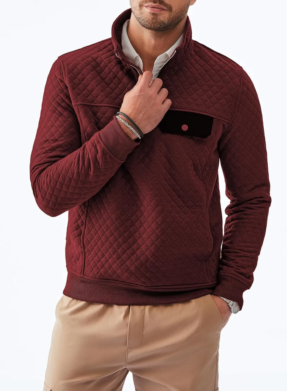 JMIERR Men's Quilted Sweatshirt Casual Long Sleeve Outdoor Stand Collar Quarter-Zip Pullover Sweatshirts