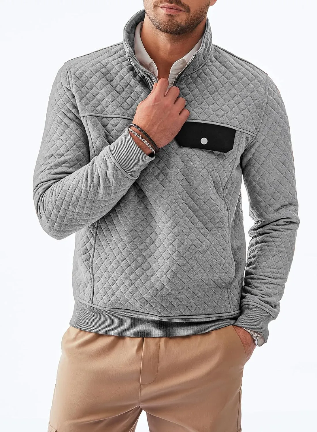 JMIERR Men's Quilted Sweatshirt Casual Long Sleeve Outdoor Stand Collar Quarter-Zip Pullover Sweatshirts