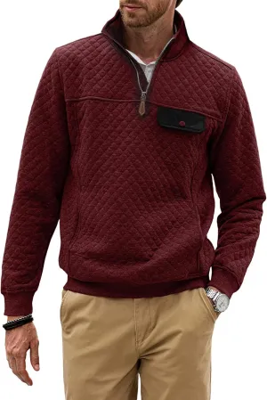 JMIERR Men's Quilted Sweatshirt Casual Long Sleeve Outdoor Stand Collar Quarter-Zip Pullover Sweatshirts