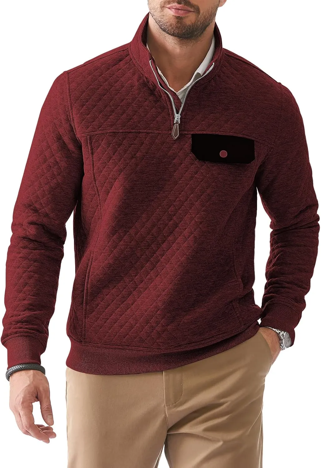 JMIERR Men's Quilted Sweatshirt Casual Long Sleeve Outdoor Stand Collar Quarter-Zip Pullover Sweatshirts