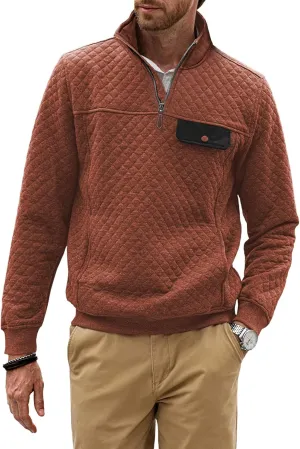 JMIERR Men's Quilted Sweatshirt Casual Long Sleeve Outdoor Stand Collar Quarter-Zip Pullover Sweatshirts