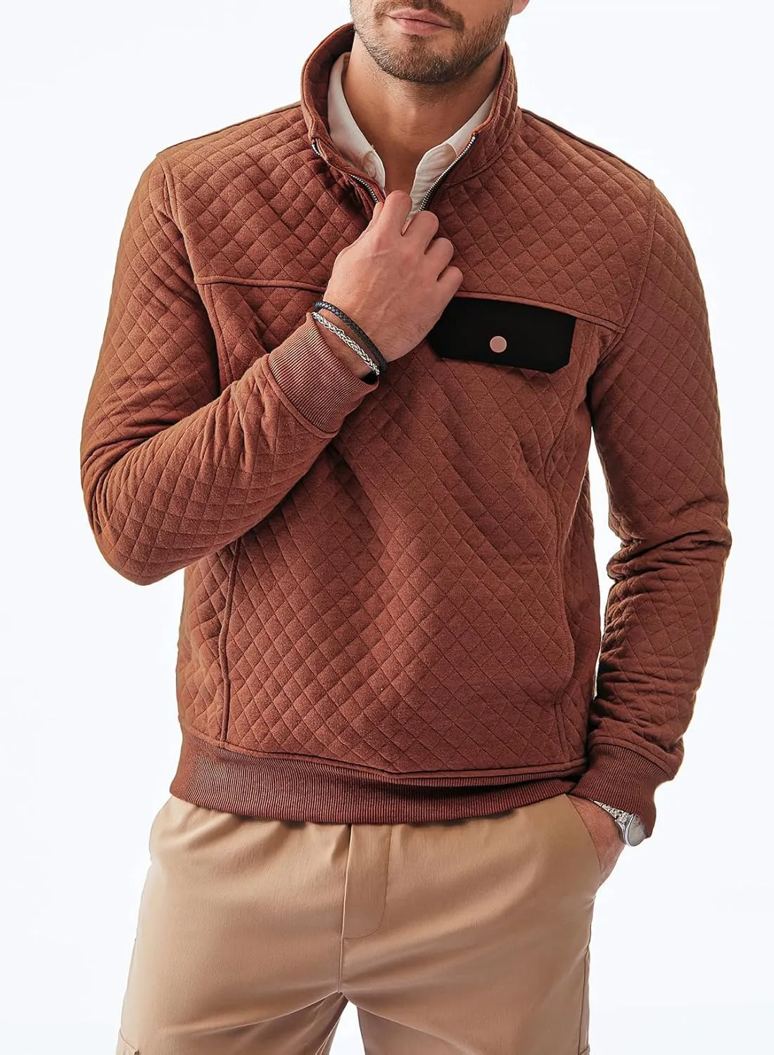 JMIERR Men's Quilted Sweatshirt Casual Long Sleeve Outdoor Stand Collar Quarter-Zip Pullover Sweatshirts