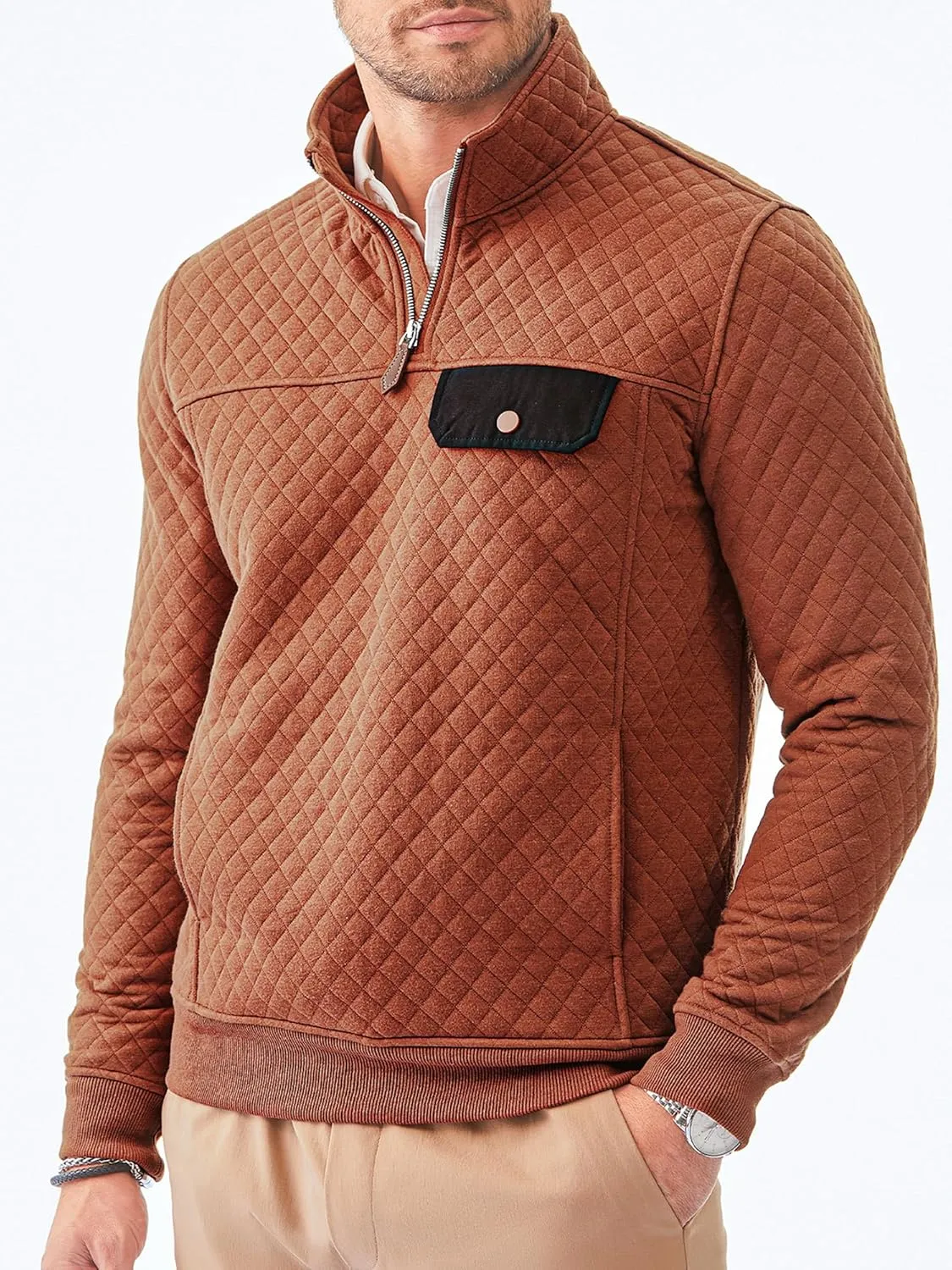 JMIERR Men's Quilted Sweatshirt Casual Long Sleeve Outdoor Stand Collar Quarter-Zip Pullover Sweatshirts
