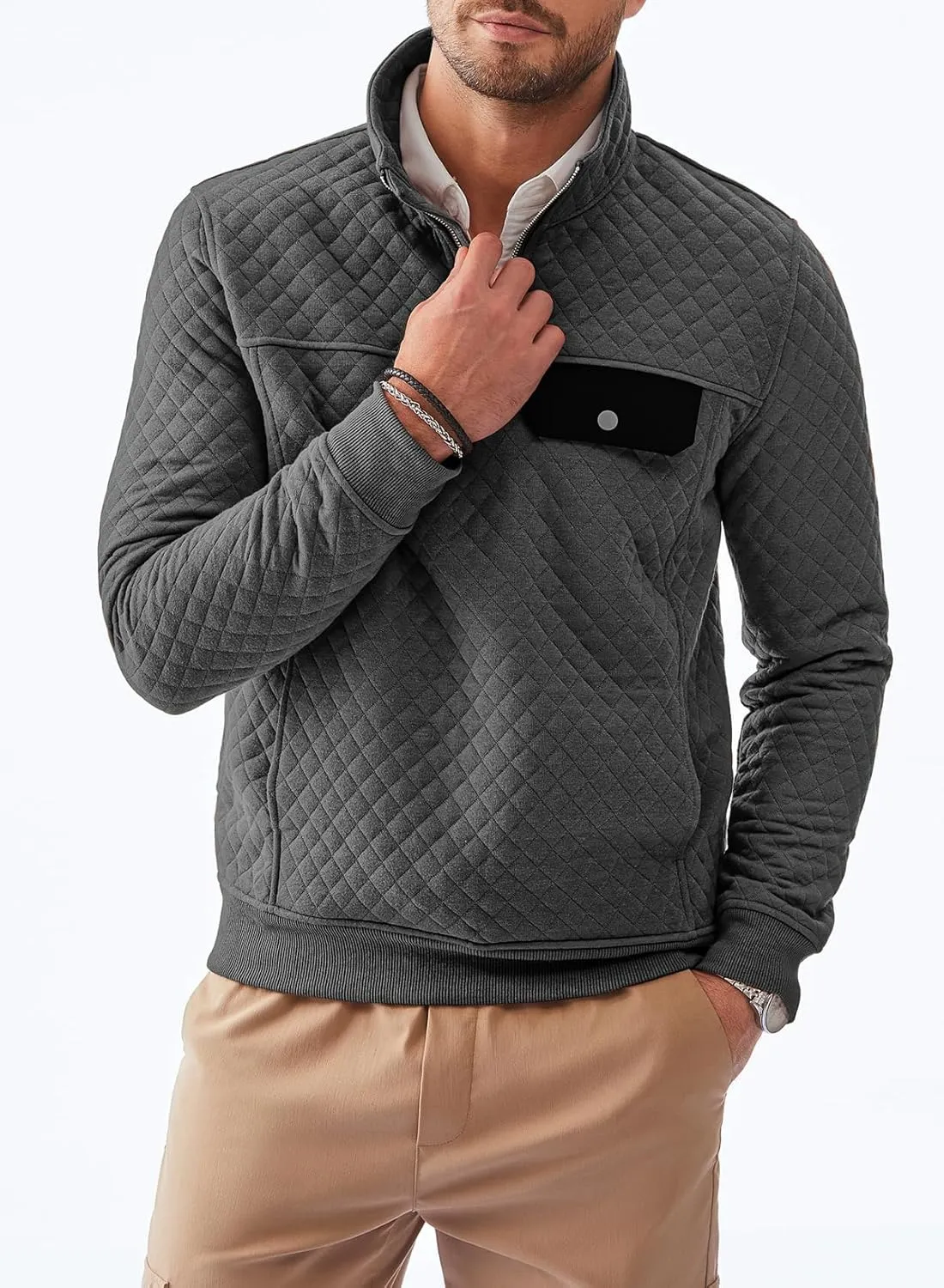 JMIERR Men's Quilted Sweatshirt Casual Long Sleeve Outdoor Stand Collar Quarter-Zip Pullover Sweatshirts