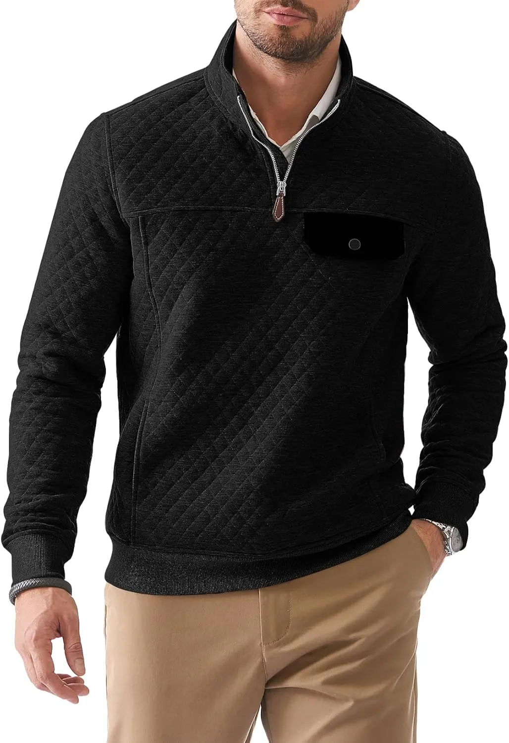 JMIERR Men's Quilted Sweatshirt Casual Long Sleeve Outdoor Stand Collar Quarter-Zip Pullover Sweatshirts