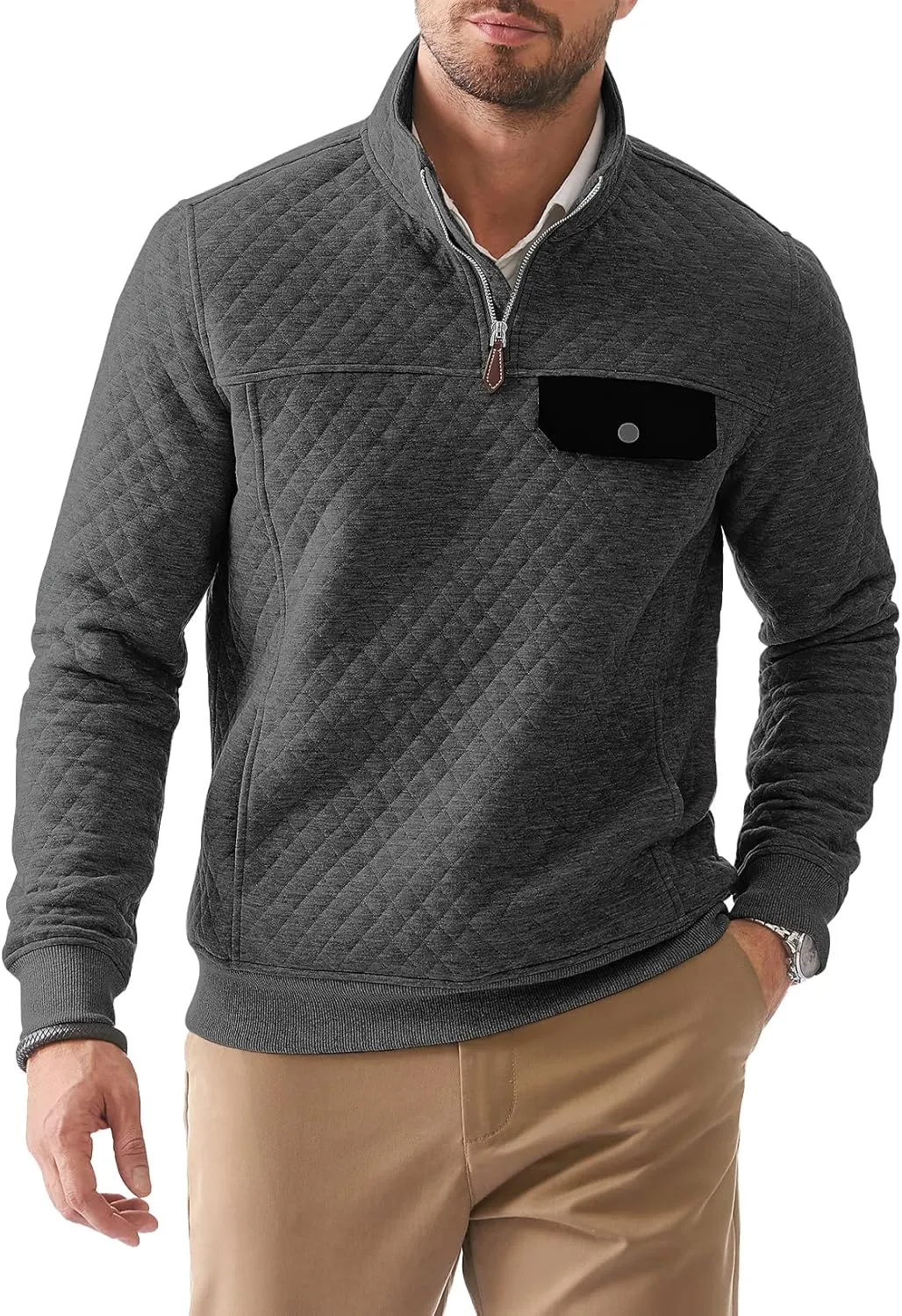 JMIERR Men's Quilted Sweatshirt Casual Long Sleeve Outdoor Stand Collar Quarter-Zip Pullover Sweatshirts