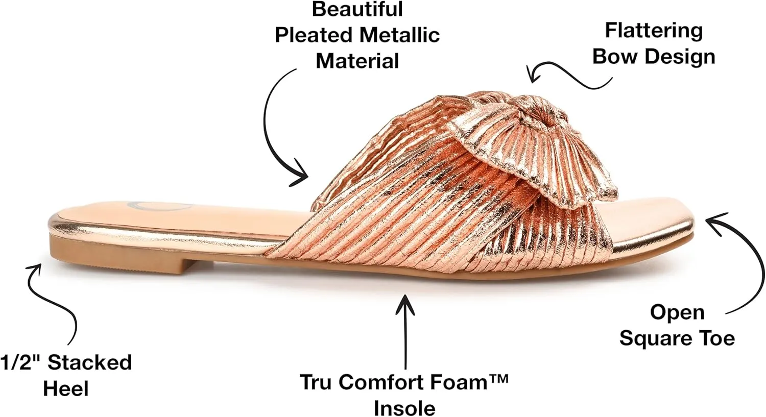 Journee Womens Pleated Metallic Bow Knot Low Block Heel Padded Open Square Toe Serlina Slide Sandal