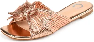 Journee Womens Pleated Metallic Bow Knot Low Block Heel Padded Open Square Toe Serlina Slide Sandal