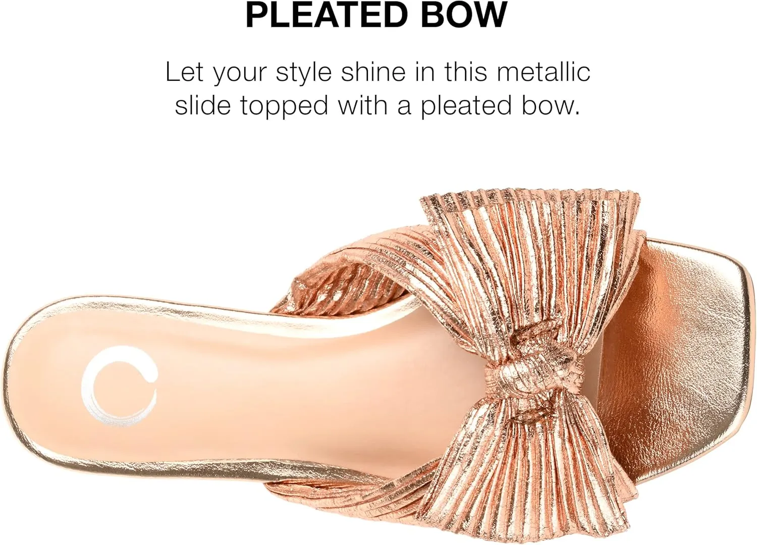 Journee Womens Pleated Metallic Bow Knot Low Block Heel Padded Open Square Toe Serlina Slide Sandal