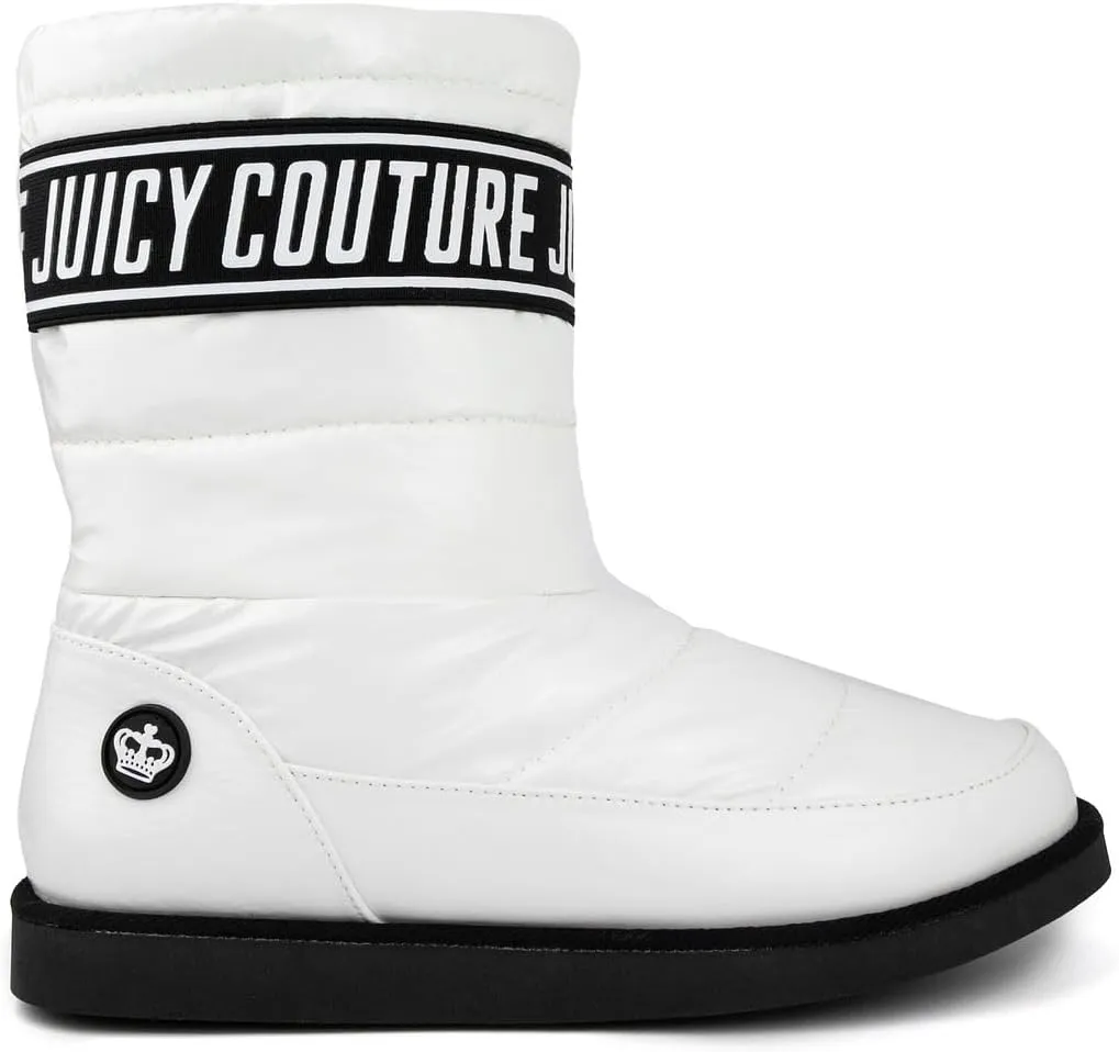 JUICY COUTURE Women's Quilted Slip-On Winter Boots – Waterproof, Warm Mid-Calf Snow Booties with Logo Strap-Kissie