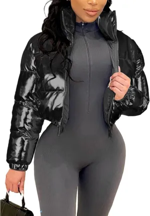 KANSOON Women's Cropped Puffer Jacket Winter Shiny Zip Up Padded Warm Quilted Jackets Short Down Coats