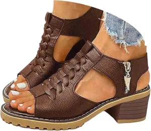 Keilani Sandals,Womens Keilani Orthopedic Sandals,Peep Toe Cutout Zipper Chunky Heeled Sandal Dressy Walking Shoes