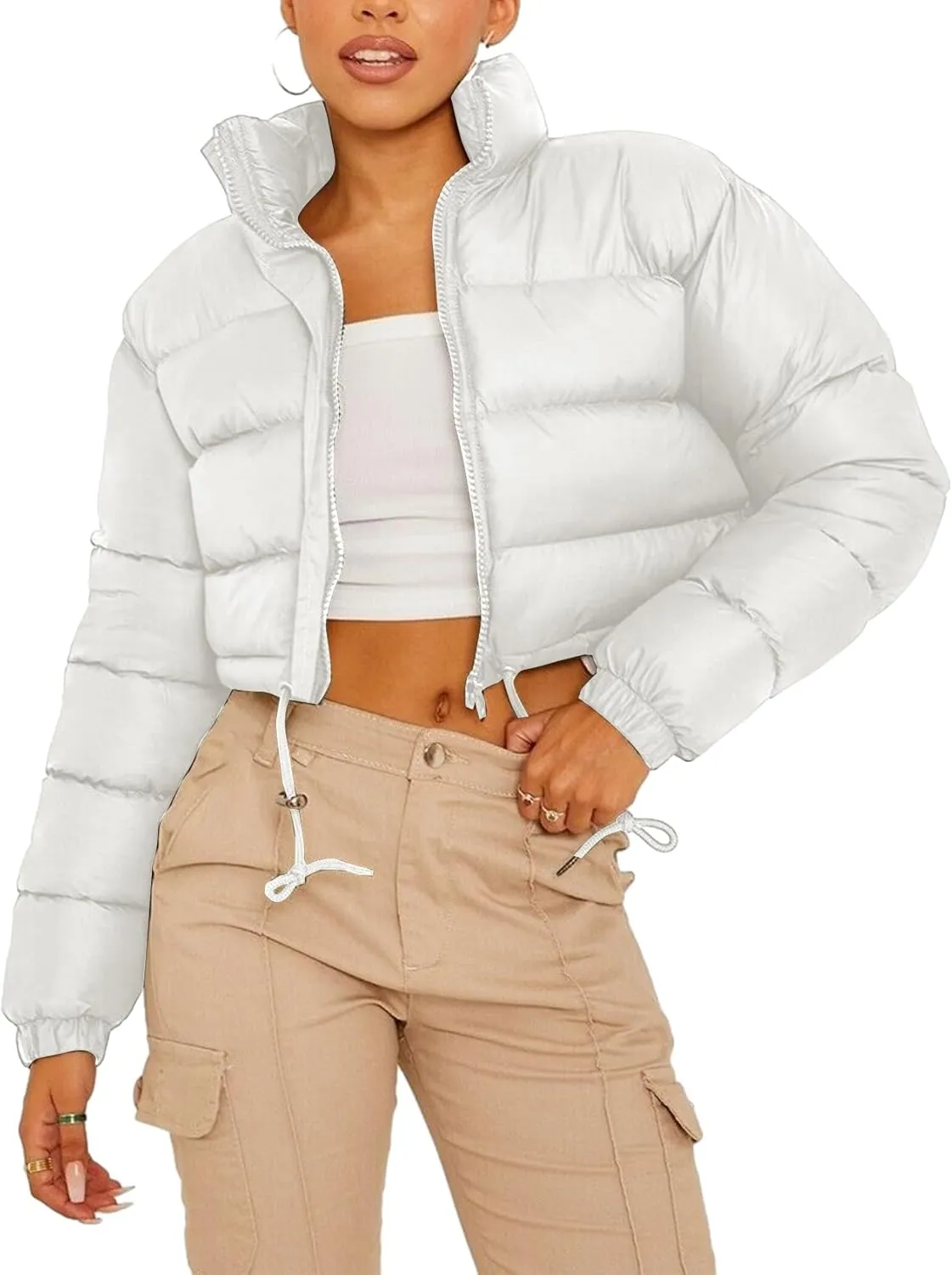 Kissonic Women's Cropped Puffer Jacket Full Zip Stand Collar Quilted Jacket Winter Coats with Pockets