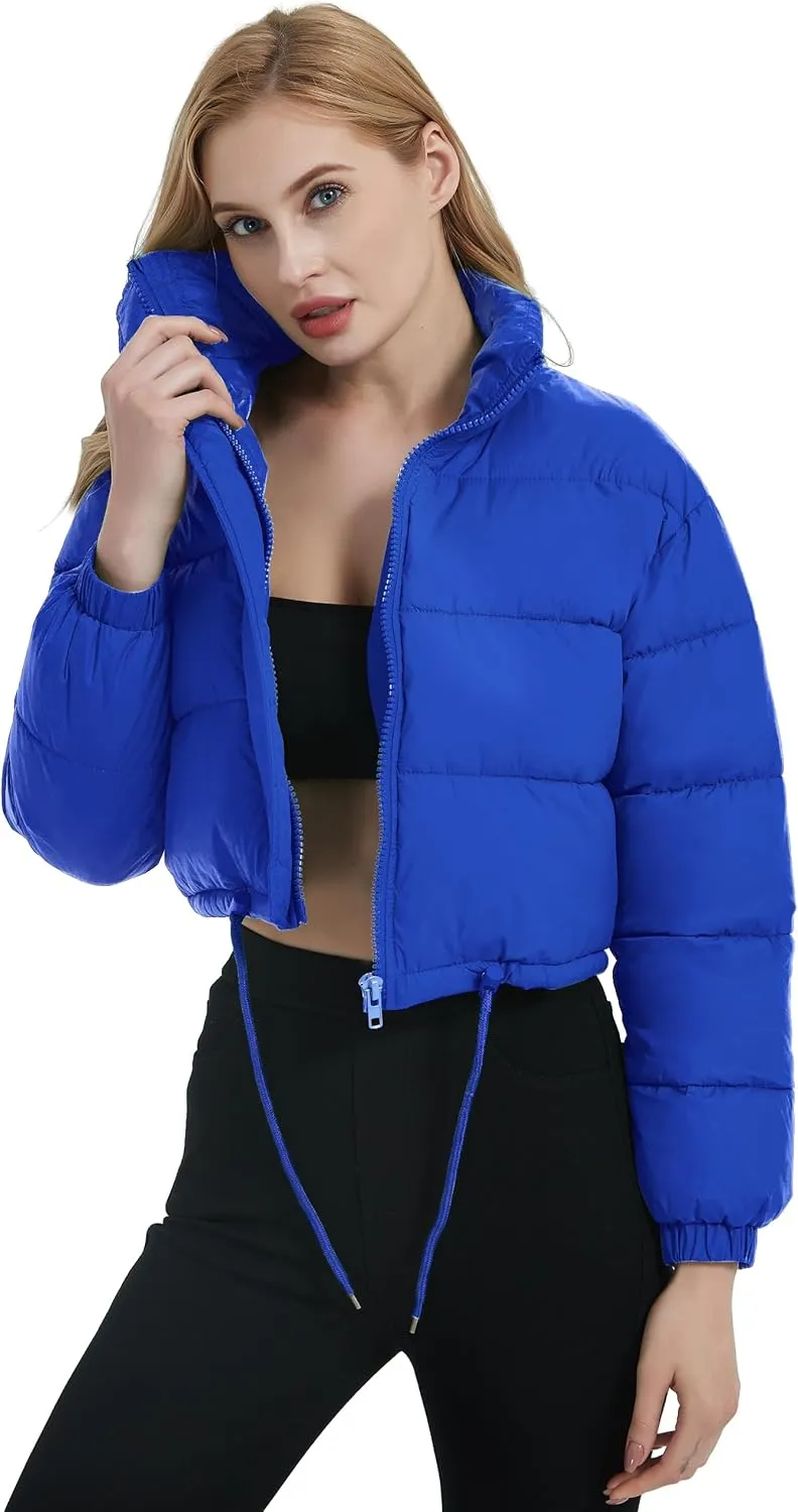 Kissonic Women's Cropped Puffer Jacket Full Zip Stand Collar Quilted Jacket Winter Coats with Pockets