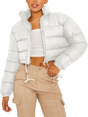 Kissonic Women's Cropped Puffer Jacket Full Zip Stand Collar Quilted Jacket Winter Coats with Pockets