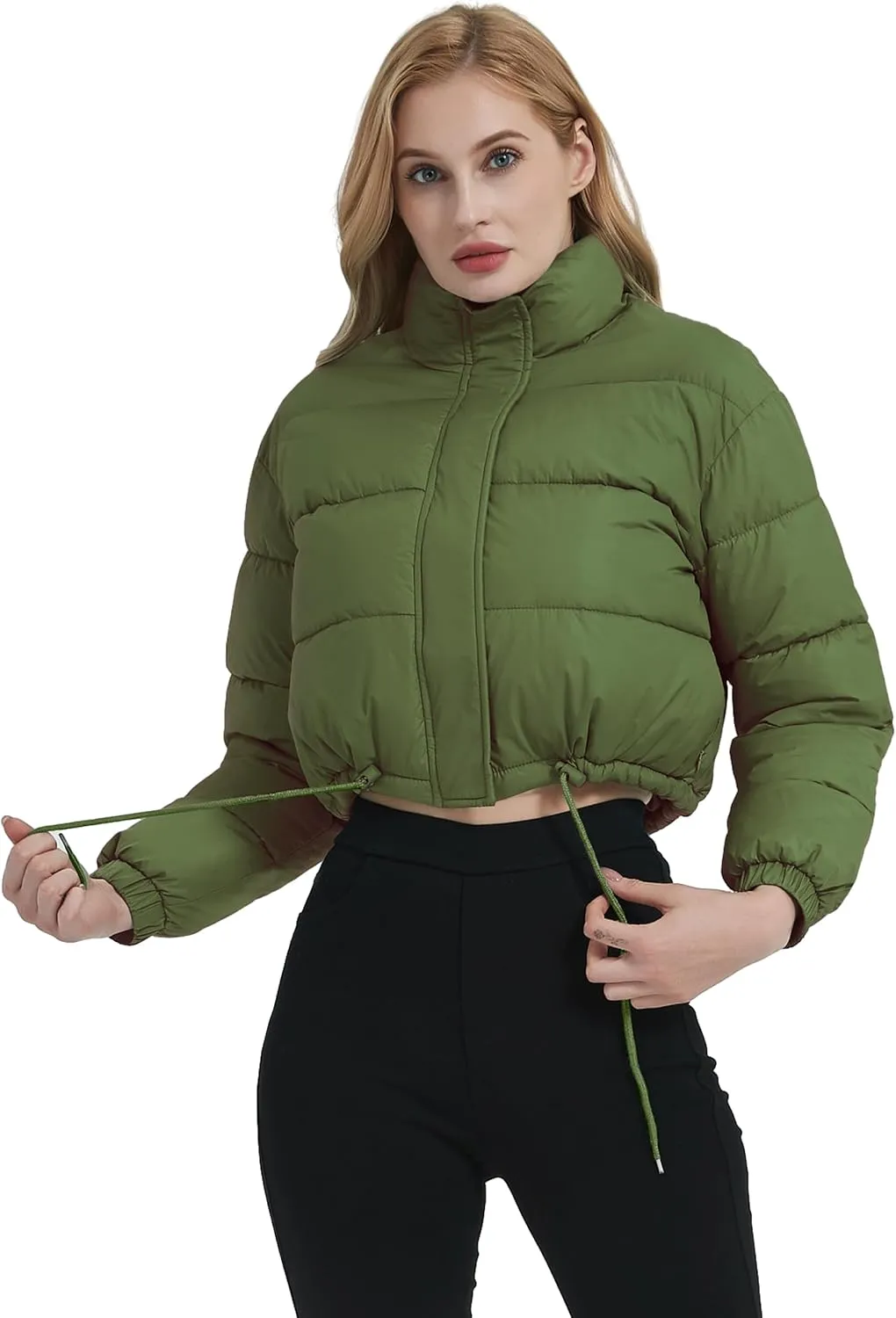 Kissonic Women's Cropped Puffer Jacket Full Zip Stand Collar Quilted Jacket Winter Coats with Pockets