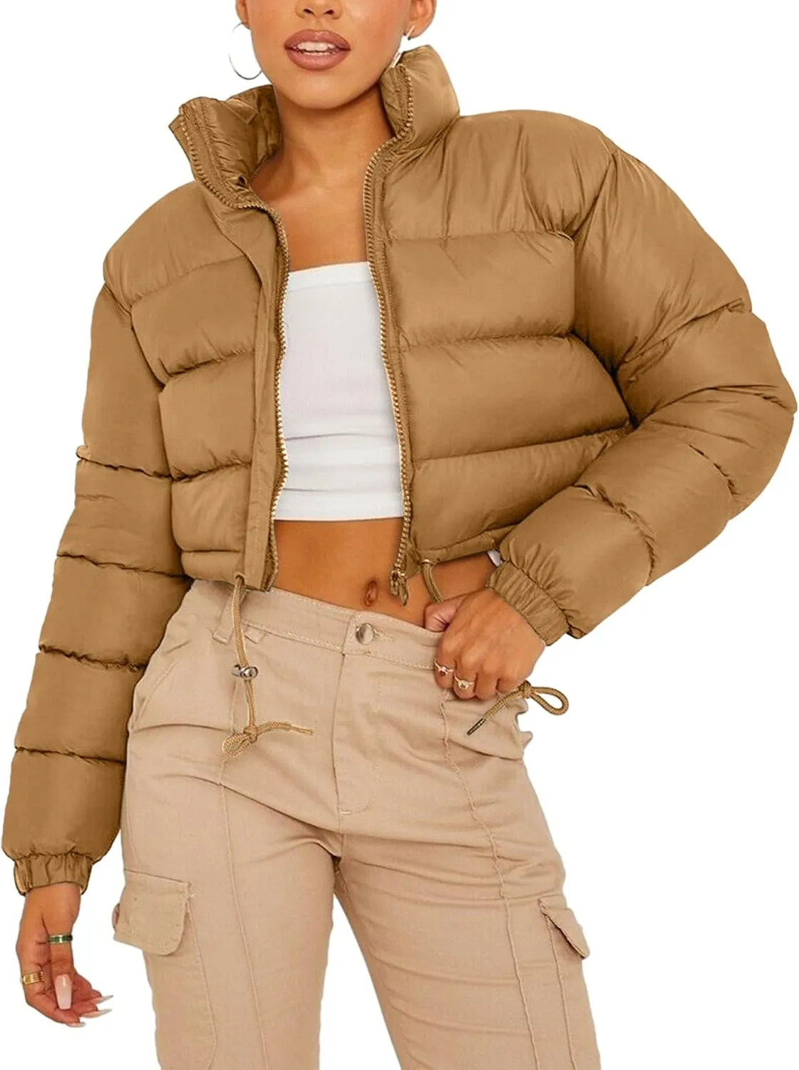 Kissonic Women's Cropped Puffer Jacket Full Zip Stand Collar Quilted Jacket Winter Coats with Pockets