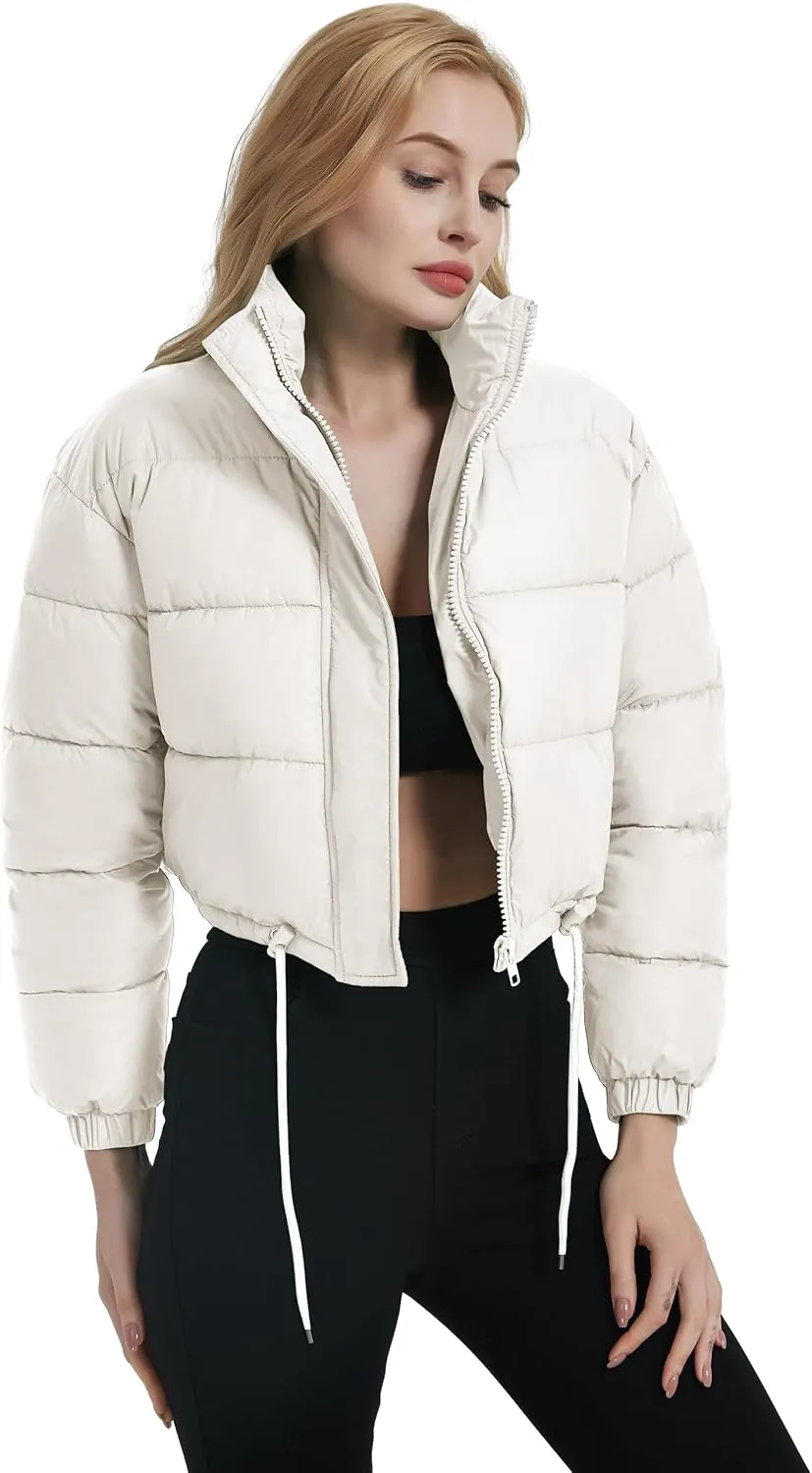 Kissonic Women's Cropped Puffer Jacket Full Zip Stand Collar Quilted Jacket Winter Coats with Pockets