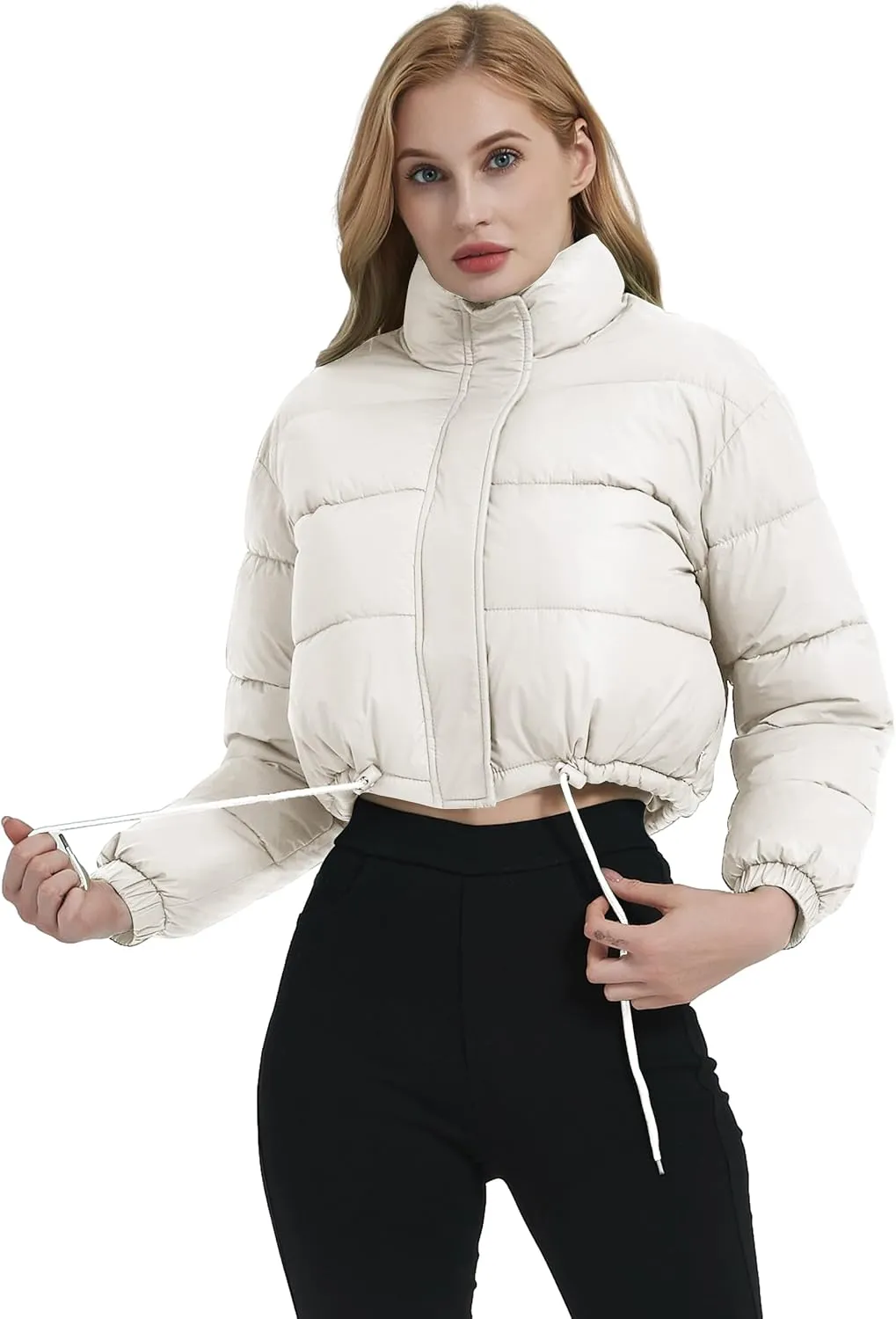 Kissonic Women's Cropped Puffer Jacket Full Zip Stand Collar Quilted Jacket Winter Coats with Pockets