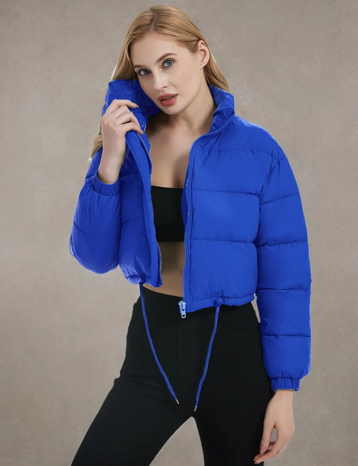 Kissonic Women's Cropped Puffer Jacket Full Zip Stand Collar Quilted Jacket Winter Coats with Pockets