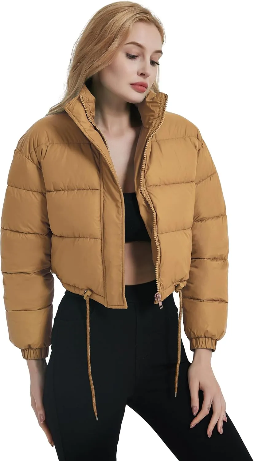 Kissonic Women's Cropped Puffer Jacket Full Zip Stand Collar Quilted Jacket Winter Coats with Pockets