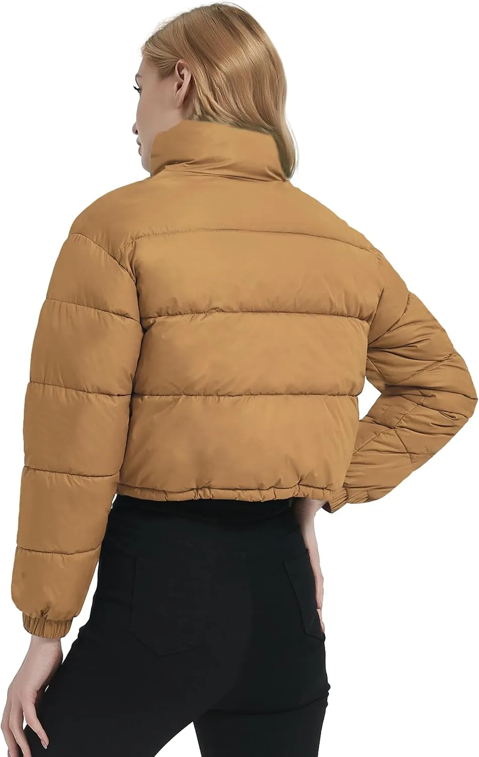 Kissonic Women's Cropped Puffer Jacket Full Zip Stand Collar Quilted Jacket Winter Coats with Pockets