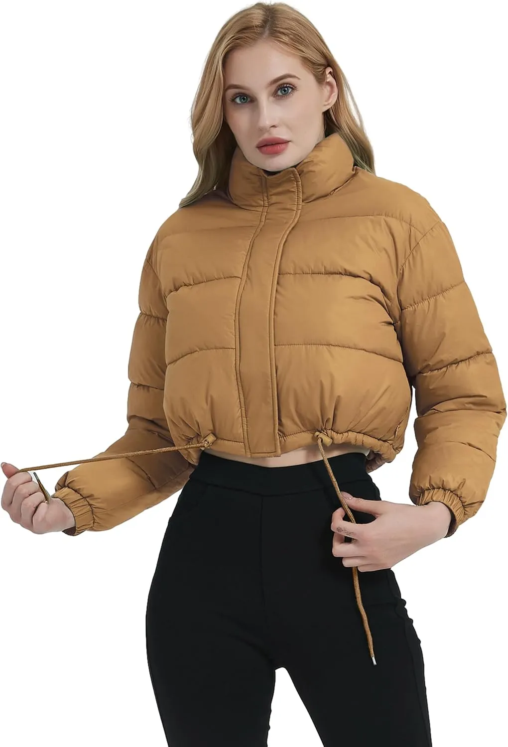 Kissonic Women's Cropped Puffer Jacket Full Zip Stand Collar Quilted Jacket Winter Coats with Pockets