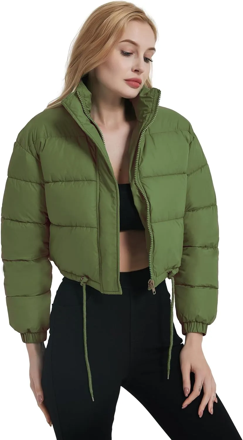 Kissonic Women's Cropped Puffer Jacket Full Zip Stand Collar Quilted Jacket Winter Coats with Pockets
