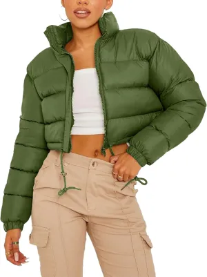 Kissonic Women's Cropped Puffer Jacket Full Zip Stand Collar Quilted Jacket Winter Coats with Pockets